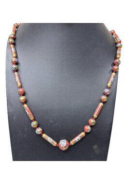 Vintage Cloisonné Beaded Necklace Floral Design Gold-Tone Filagree Clasp 28"